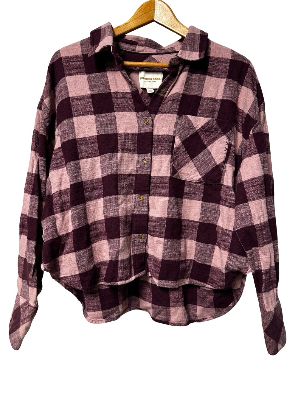 Scotch & Soda Burgundy Pink Plaid Cropped Button Down Large Cotton Flannel